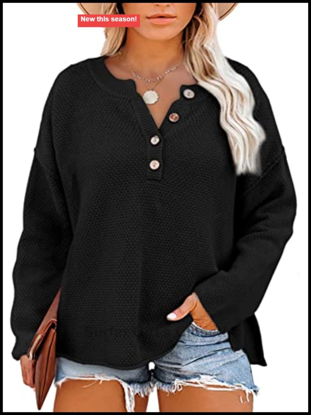 Plus Size Henley Sweater Loose V Neck Button Knit Pullover Top